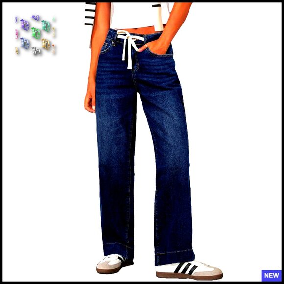 Wide Leg High Waisted Jeans Stretchy Straight Leg Baggy Drawstring Denim Pants